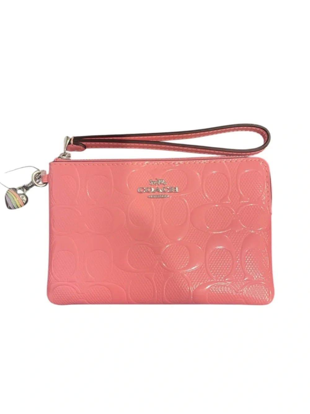 Coach NWT Patent Leather  Embossed Wristlet with Rainbow heart charm - Picture 10 of 12